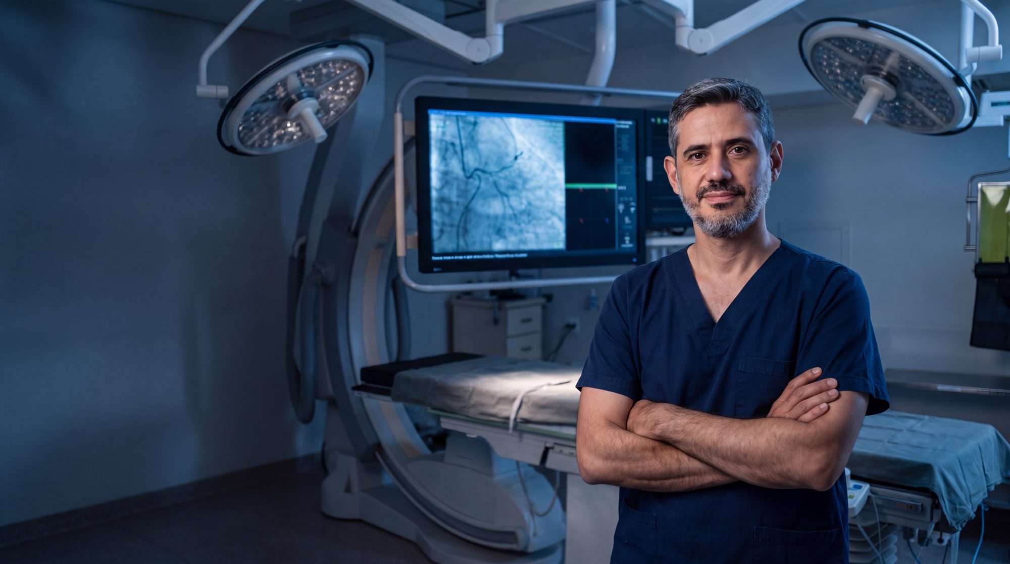 Dr. Cláudio Almeida Parra em sala cirúrgica híbrida, de braços cruzados